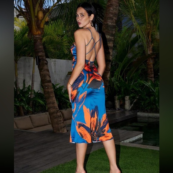 Blue and orange floral print high neck midi dress | NWT - Picture 3 of 8